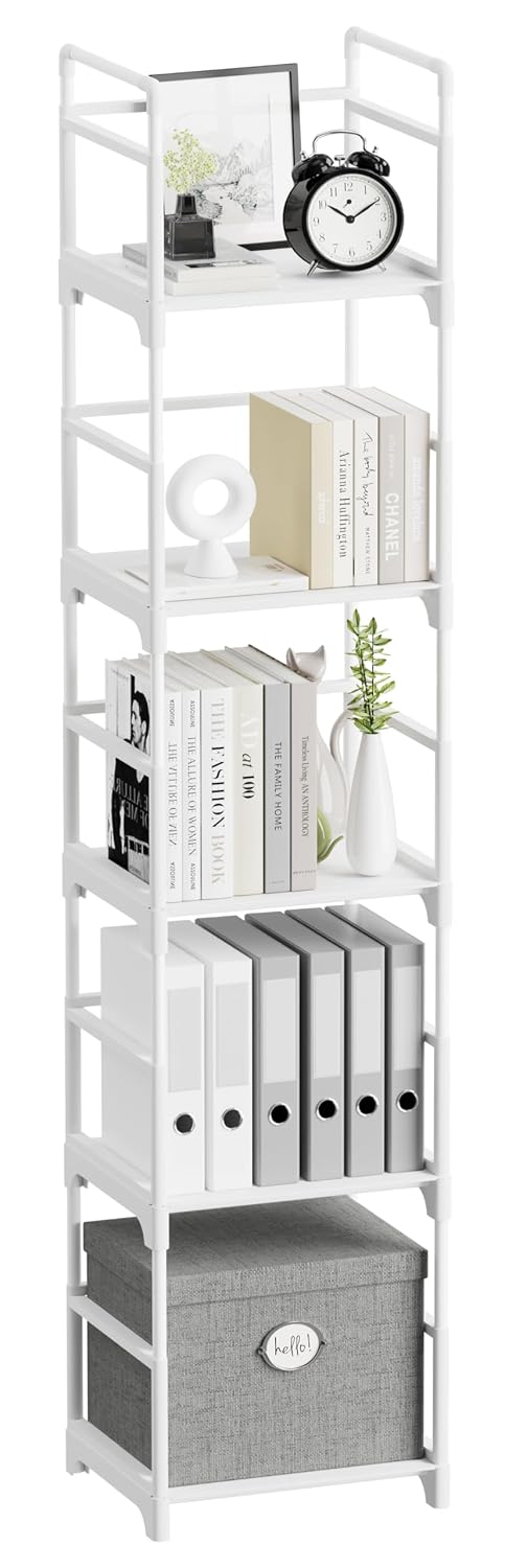 FIDUCIAL HOME 5 Tiers Narrow Bookshelf White Skinny Open Book Shelf | Slim Thin Small Spaces for Space Saving, Easy to Assemble, 12"L x 10"W x 57.2"H