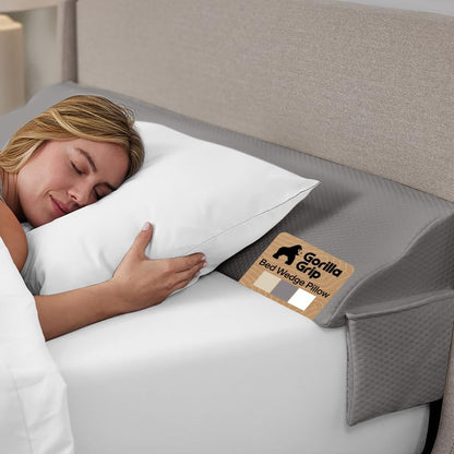GORILLA GRIP Patented Bed Wedge Pillow for Headboard Gap, Filler Between Mattress Gaps, Comfortable Supportive High Density Cushioned Foam Pillows, Stay in Place Gripping Dots, Twin/XL Soft Gray