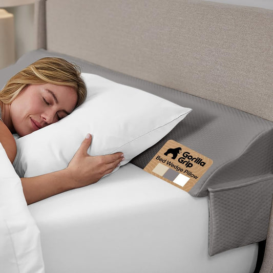 GORILLA GRIP Patented Bed Wedge Pillow for Headboard Gap, Filler Between Mattress Gaps, Comfortable Supportive High Density Cushioned Foam Pillows, Stay in Place Gripping Dots, Twin/XL Soft Gray