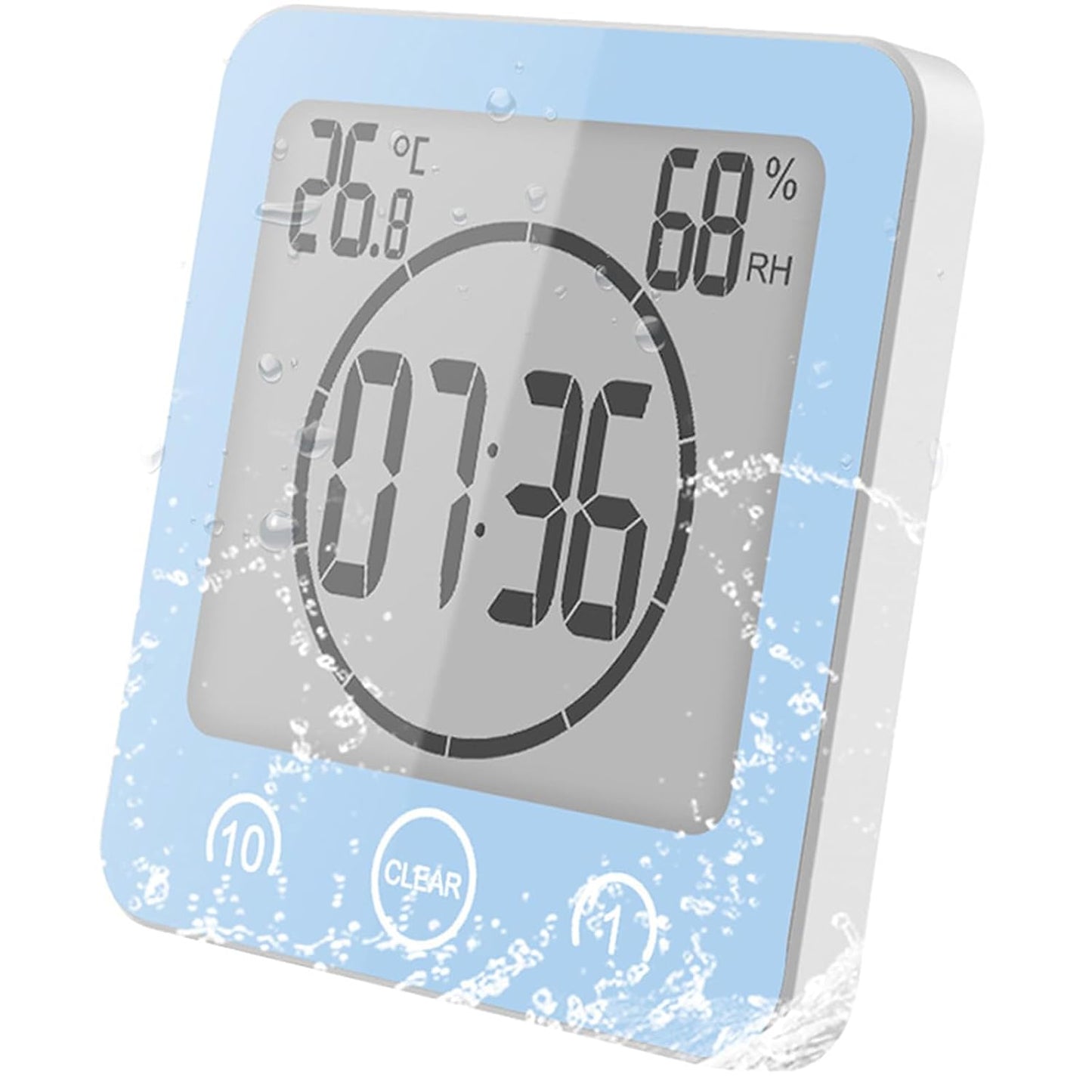 Bathroom Shower Wall Clock Timer Waterproof , Shower Clock with Suction | LCD Digital Touch Screen, 99Mins Countdown Timer, Temperature Humidity Gauge, Visual Timer Hanging Wall Clock, Blue