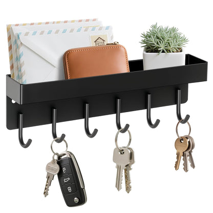 Magnetic Key Holder Wall Mount, Small Key Rack with Tray, Black | 2 Mount Options, Metal Material, 9.6 Inch, 6 Thin Hooks, Compact Design, Suits for Kitchen, Foyer, Entryway, Garage, Rv