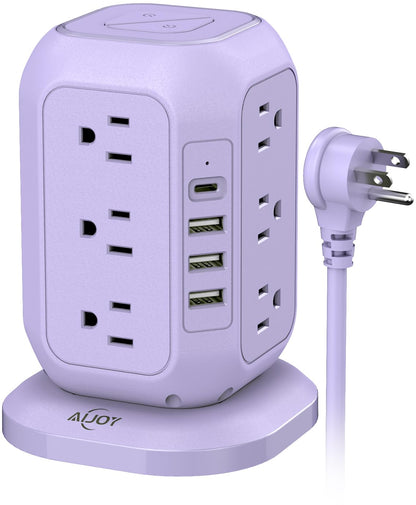 USB C Power Strip Tower with 12 AC Outlet and 4 USB Ports Purple | 10 FT Extension Cord, 1200J Surge Protector, USB Charging Station Office Supplies, Dorm Essentials, Woman