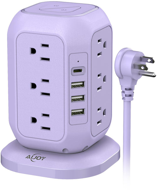 USB C Power Strip Tower with 12 AC Outlet and 4 USB Ports Purple | 10 FT Extension Cord, 1200J Surge Protector, USB Charging Station Office Supplies, Dorm Essentials, Woman