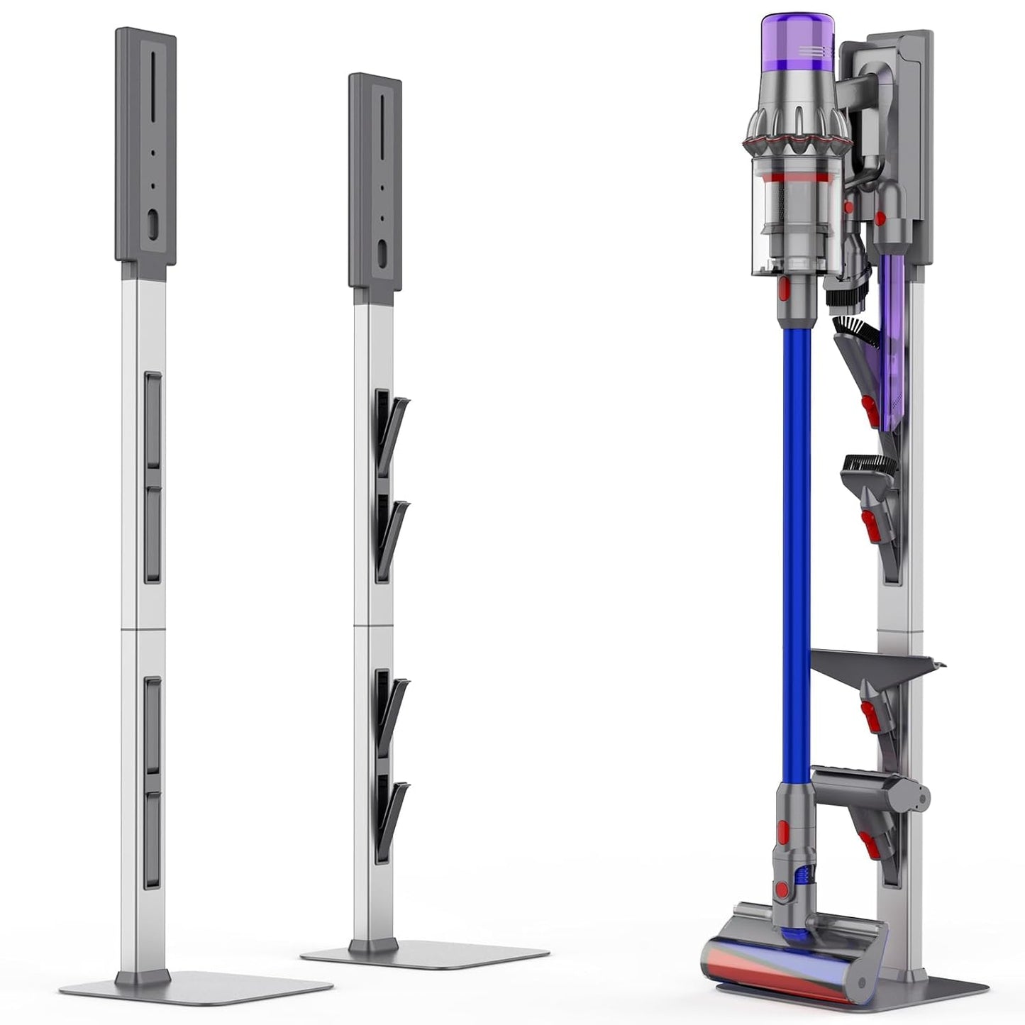 Vacuum Stand for Dyson V15 V12 V11 V10 V8 V7 V6 G5 with Accessory Storage High-strength aluminum alloy columnwith Foldable Storage Hooks and Heavy-Duty Carbon Steel Base, No Drill Installation