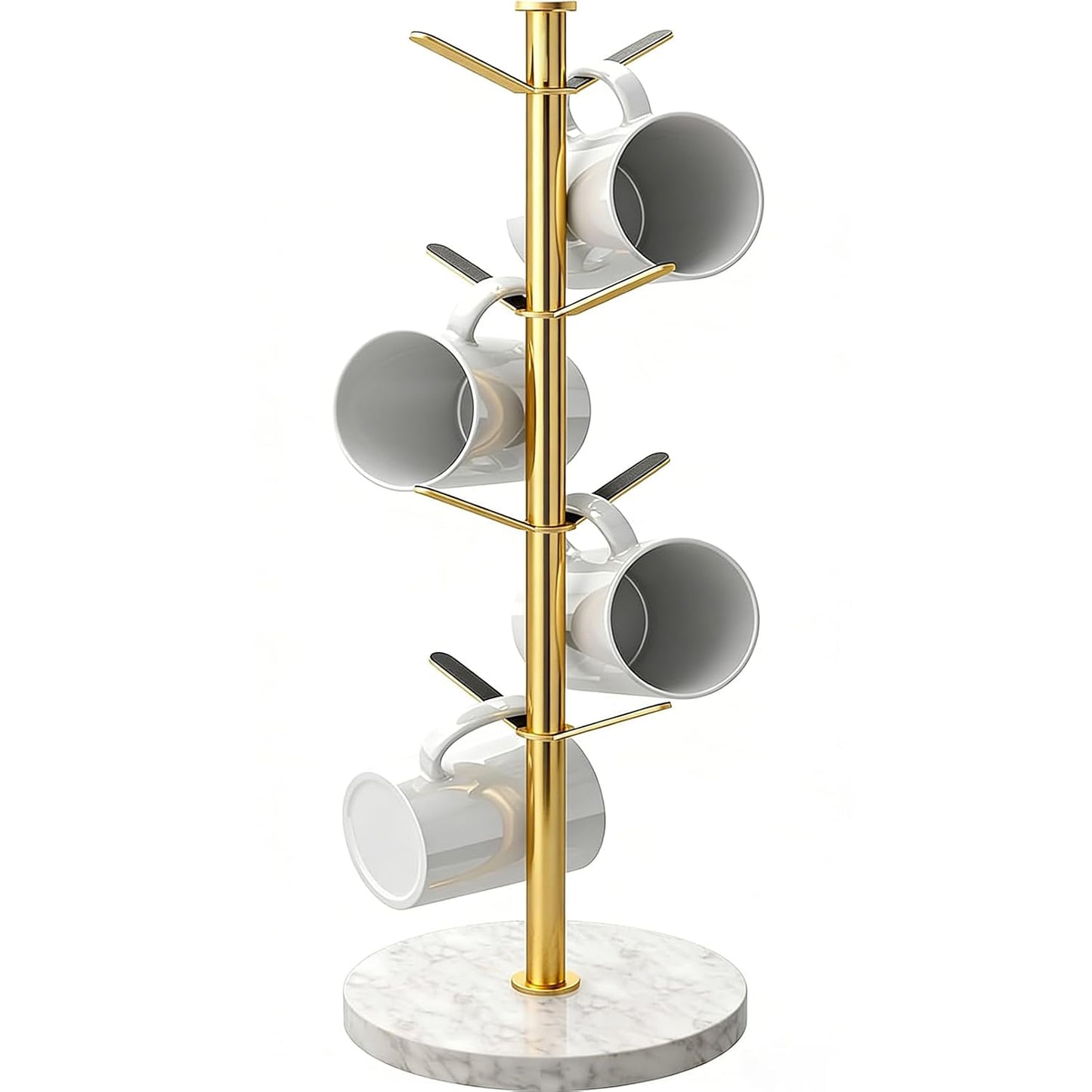Gold Mug Holder Tree with Marble Base, 8 Hooks Standard Coffee Cups | Mug Holder Stand, Small Mug Rack for Kitchen Cafe Counter