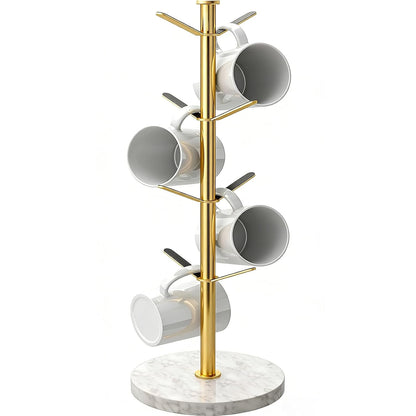 Gold Mug Holder Tree with Marble Base, 8 Hooks Standard Coffee Cups | Mug Holder Stand, Small Mug Rack for Kitchen Cafe Counter