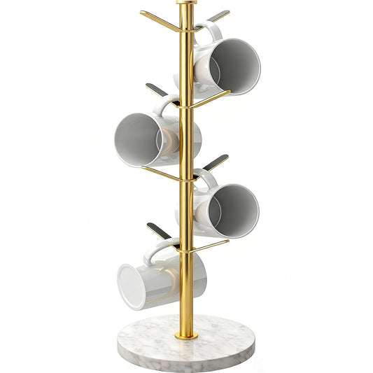 Gold Mug Holder Tree with Marble Base, 8 Hooks Standard Coffee Cups | Mug Holder Stand, Small Mug Rack for Kitchen Cafe Counter