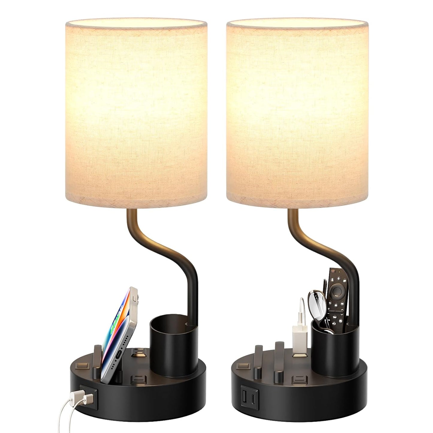 Bedside Lamps for Bedroom Set of 2 - Table Desk Lamp for Nightstand | 15" Table Lamp for Living Room with Pen Holder & Phone Stand, USB A+C Port, AC Outlet, 3 Color Temperature, LED Bulb Included