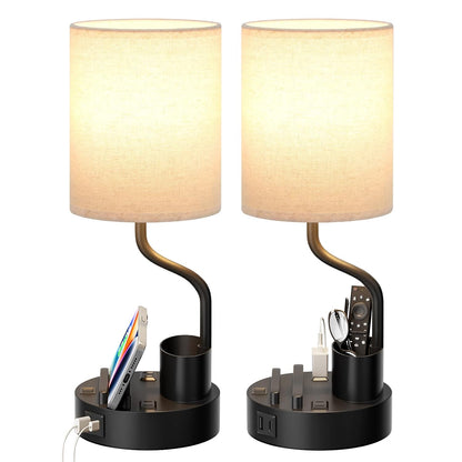Bedside Lamps for Bedroom Set of 2 - Table Desk Lamp for Nightstand | 15" Table Lamp for Living Room with Pen Holder & Phone Stand, USB A+C Port, AC Outlet, 3 Color Temperature, LED Bulb Included