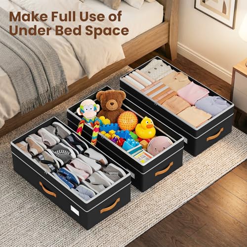 80L 2 Pack Adjustable Under Bed Storage with Wheels | Underbed containers with clear lids, rolling under bed shoe storage organizer for dorm home clothes, blankets, toys, black