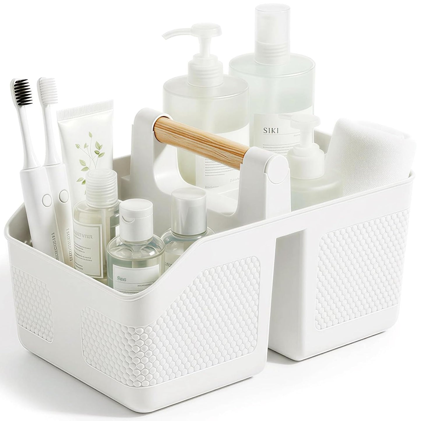 Plastic Shower Caddy Portable Shower Basket with Bamboo Handle, White | Cleaning Caddy Organizer Storage Tote for Bathroom, College Dorm Essentials, Bath Toy Storage