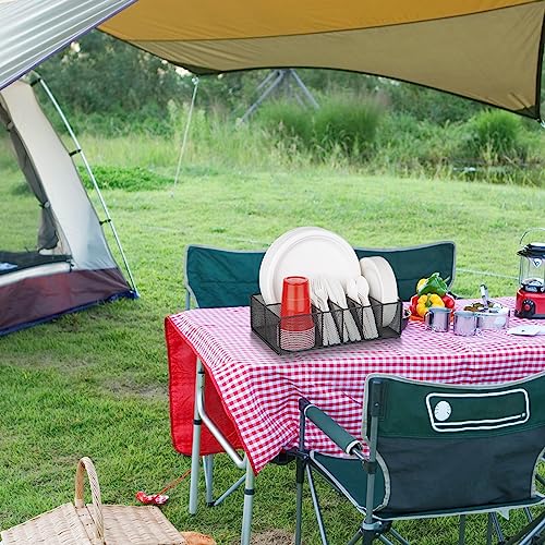Paper Plate Organizer for Countertop, Metal Silverware Caddy for Cup, Napkin, Fork, Spoon, Paper Plate and Utensil Holder, Cutlery Caddy for Party, Camping, Picnic (Black)