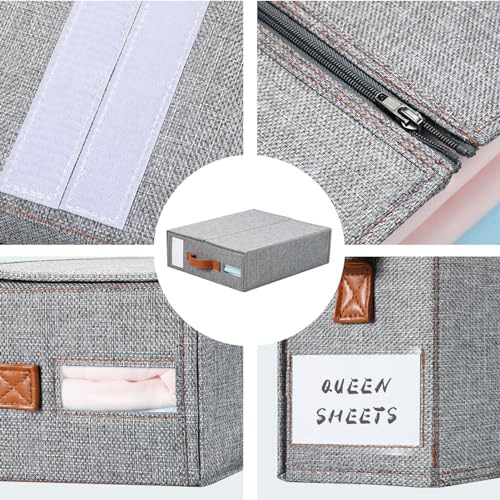 Yecaye Bed Sheet Organizer, Foldable Linen Closet Storage, 4 Pack, Grey | Bedding Storage Box with Clear Window, Labels and Handles for Queen & King Sheet Sets, Duvet Covers and Pillowcases