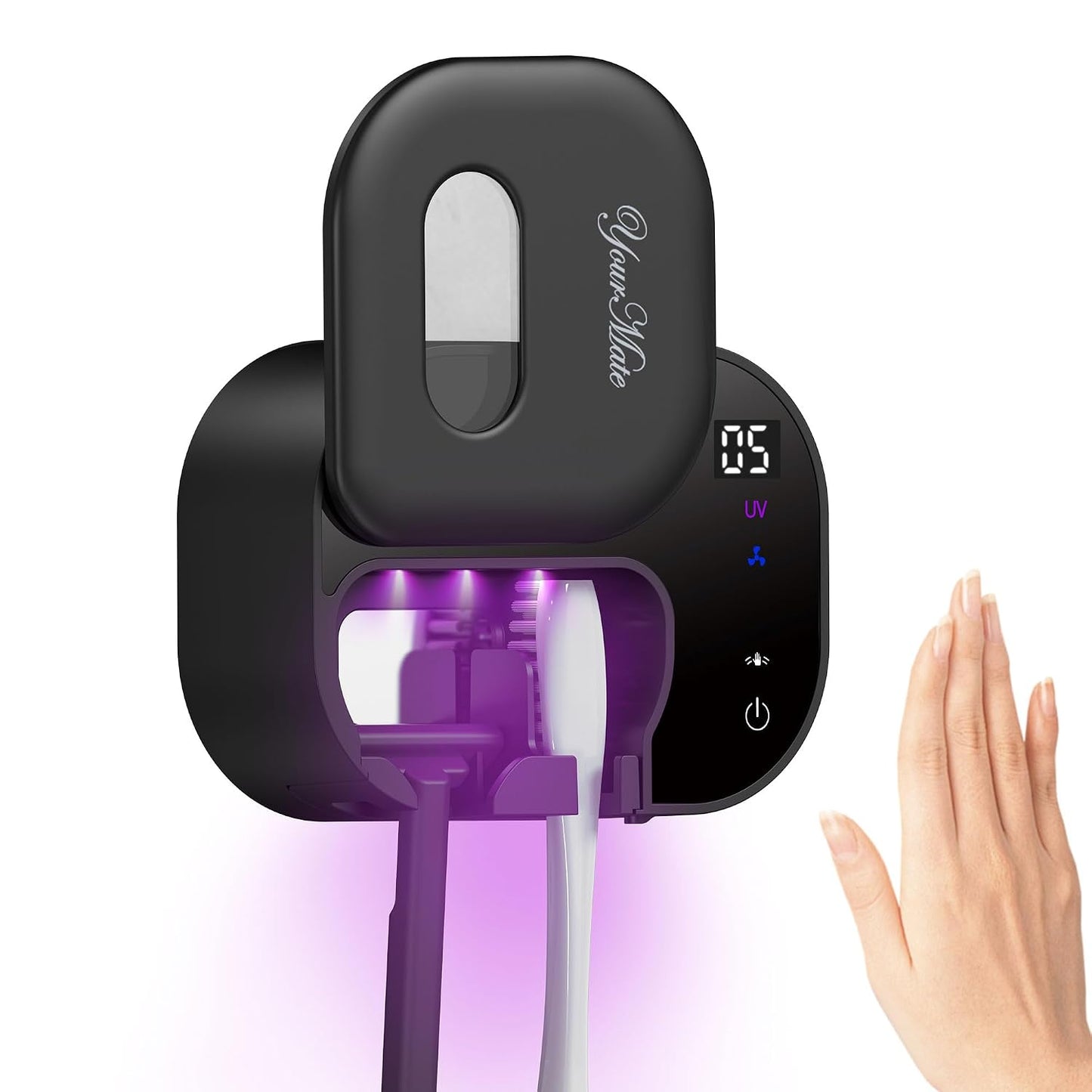 YourMate Toothbrush Holder Bathroom Rechargeable Wall Mounted Toothbrush Cleaner with Smart Sensor Lid & Fan, 5-Min Auto Cleaning, 2 Type Slots