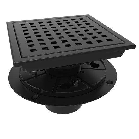 6 Inch Square Shower Floor Drain with Flange,Quadrato Pattern Grate Removable,Food-Grade SUS 304 Stainless Steel,Watermark&CUPC Certified,Matte Black