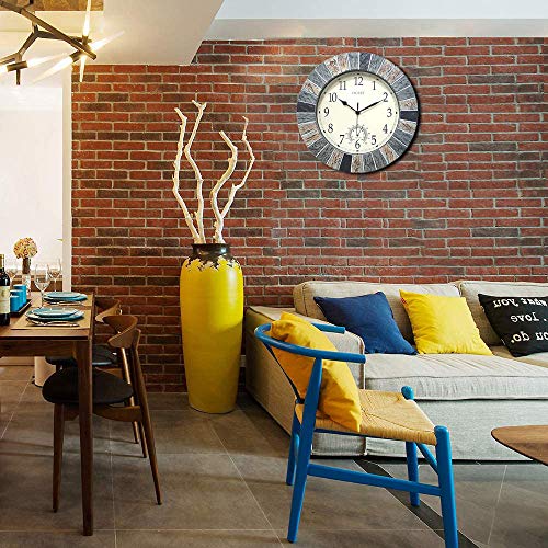 13 Inch Waterproof Indoor Outdoor Wall Clock with Thermometer, Brown | Silent non-ticking battery movement, brown easy-read dial for patio, pool, lanai, fence, porch, and garden