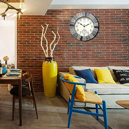 13 Inch Waterproof Indoor Outdoor Wall Clock with Thermometer, Brown | Silent non-ticking battery movement, brown easy-read dial for patio, pool, lanai, fence, porch, and garden