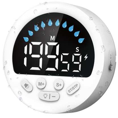 Waterproof Shower Timer for Bathroom Kitchen with Countdown Count-up, White | Large LED Display, 3 Brightness, 4 Volume, Battery Powered, Suction Cup Mounted Digital Stopwatch for Toilet Classroom