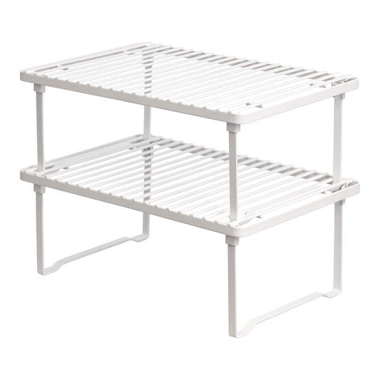 Amazon Basics Space-Saving Stackable Metal Kitchen Cabinet Organizer Shelves for Dishes, Pantry Organization, 12.5" L x 8" D x 4.5" H, Set of 2, White