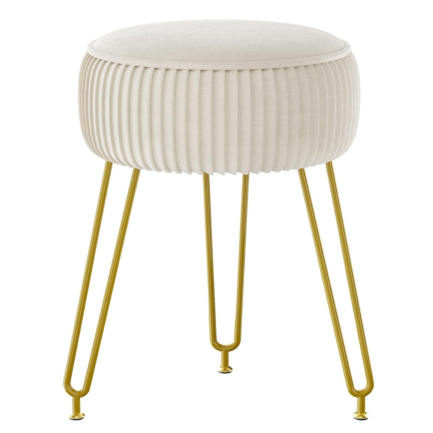 IBUYKE Makeup Vanity Stool, Velvet Round Footrest Ottoman, White LG-30M | Dressing Table Seat Pouf Couch chair Golden Steel Legs