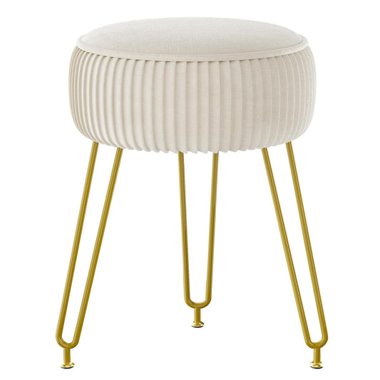 IBUYKE Makeup Vanity Stool, Velvet Round Footrest Ottoman, White LG-30M | Dressing Table Seat Pouf Couch chair Golden Steel Legs