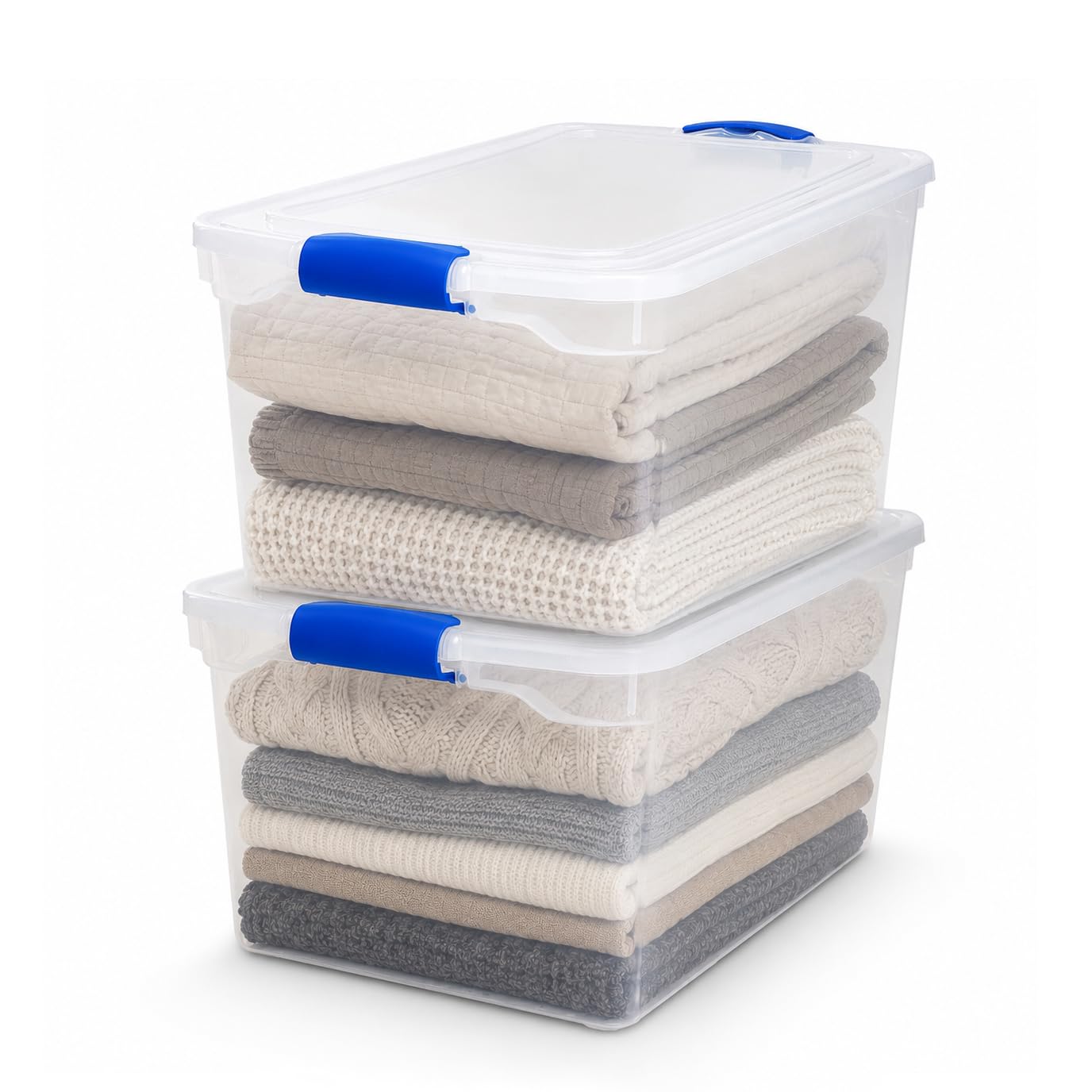 HOMZ Clear Plastic Storage Bins w/Latching Lid, 66 Qt, Blue Latch, 2 Pack | Large Stackable Container Boxes for Homes, Bathrooms, Garages, and Office Organization