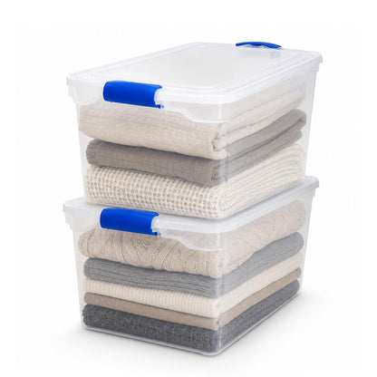 HOMZ Clear Plastic Storage Bins w/Latching Lid, 66 Qt, Blue Latch, 2 Pack | Large Stackable Container Boxes for Homes, Bathrooms, Garages, and Office Organization