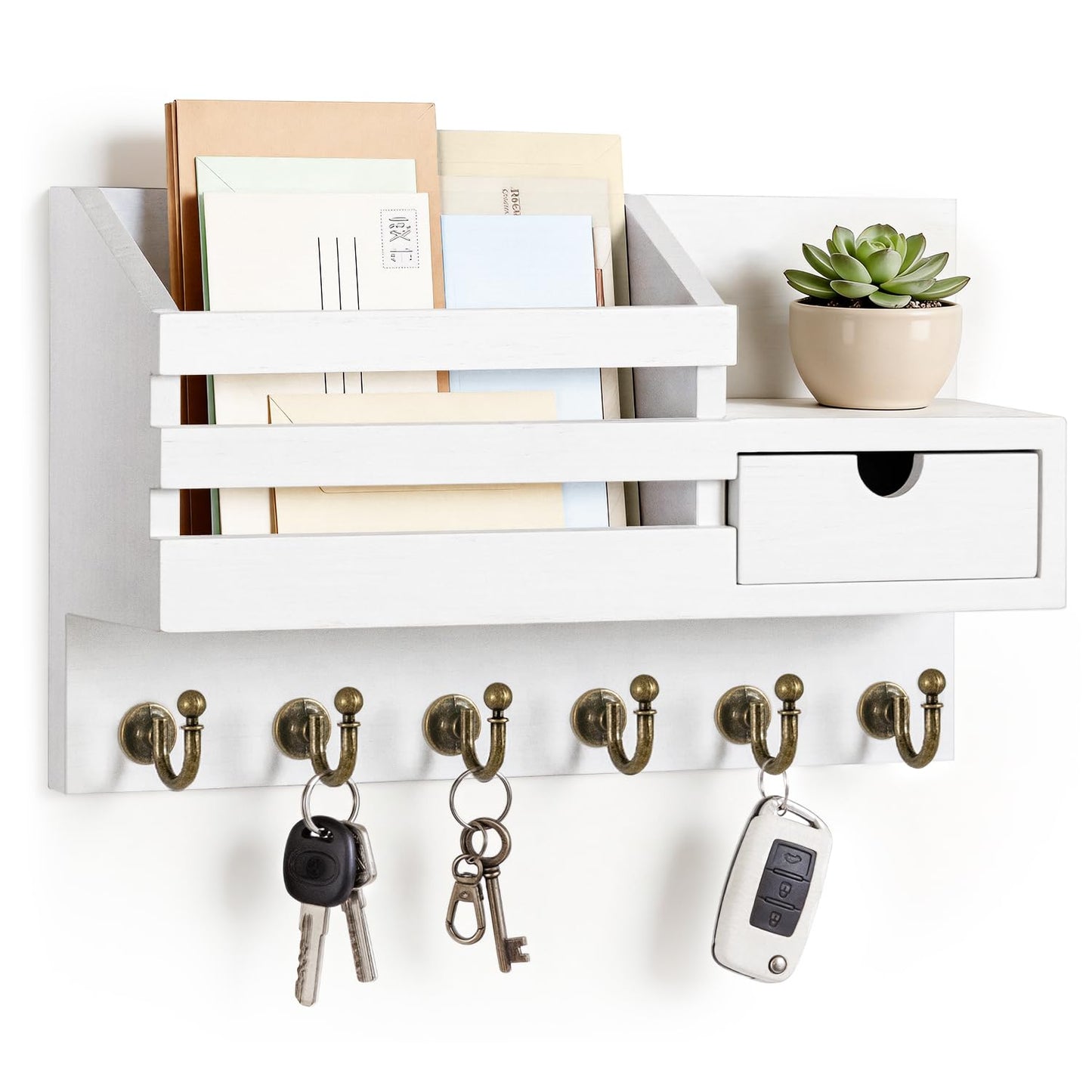 FifthQuarter Key Holder Wall Mount with Drawer and 6 Sturdy Hooks | Wooden Entryway Organizer and Decorative, Easy Installation