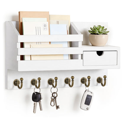 FifthQuarter Key Holder Wall Mount with Drawer and 6 Sturdy Hooks | Wooden Entryway Organizer and Decorative, Easy Installation