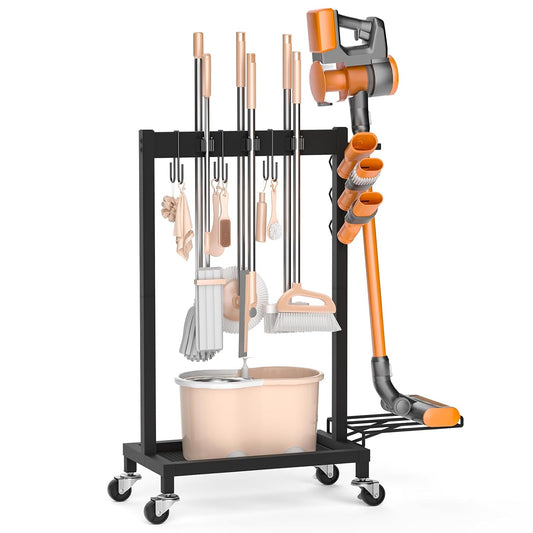 Broom Holder with Cleaning Supplies Organizer, 18" Wx11.8 Dx34.6 H | Load 160 LBS, Cleaning Cart with Wheels, 6 Mop Hanger Grippers, 3 Double-Hooks, Vacuum Stand for Laundry Garage Organization