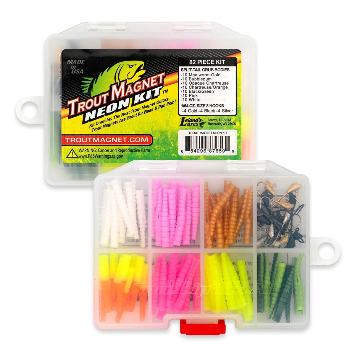 Trout Magnet 82-Piece Neon Fishing Gear Kit, Includes 70 Grub Bodies Trout Bait and 12 Size 8 Hooks
