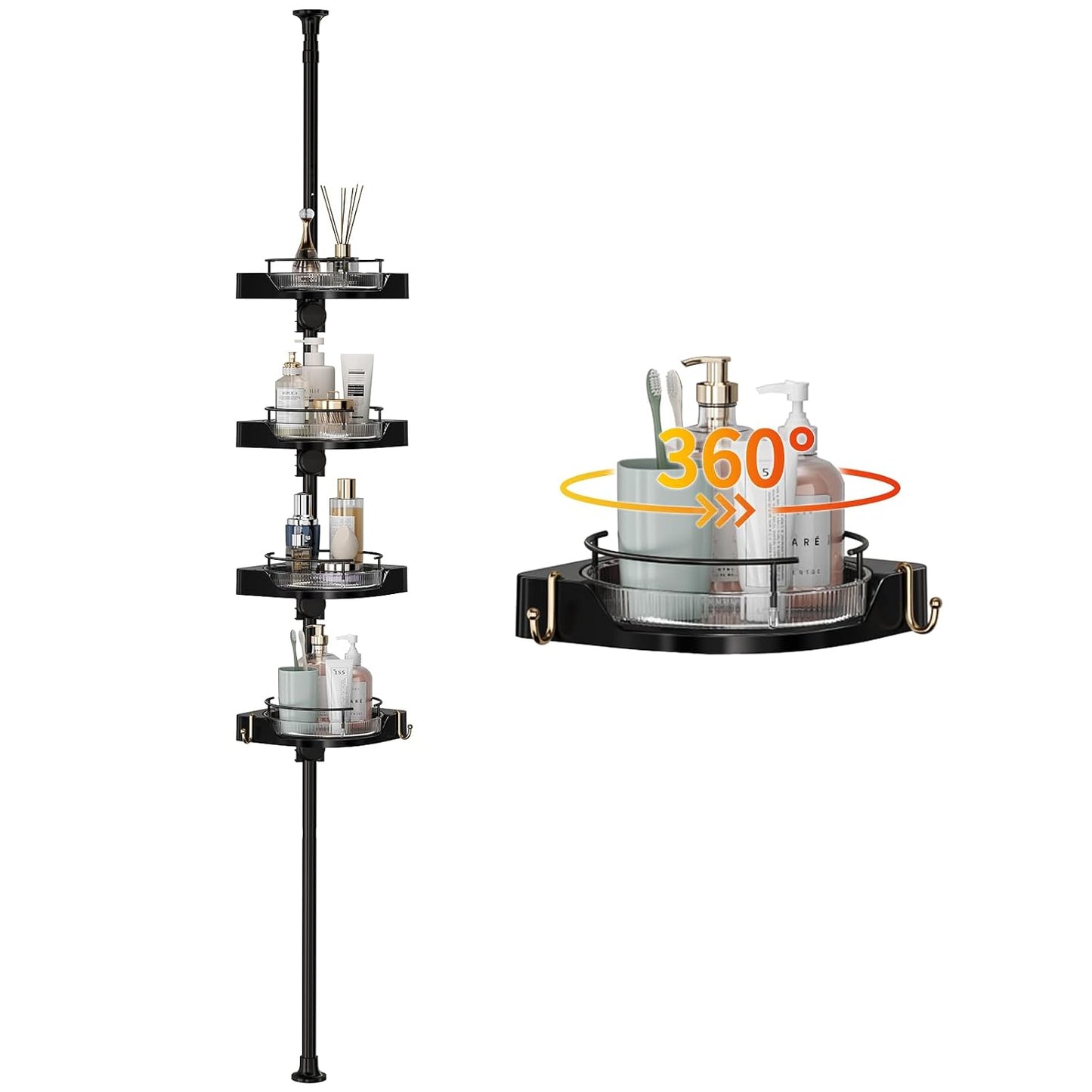 akinbas 360° Rotating Shower Caddy Tension Pole with 4-Tier Rustproof Lazy Susan 35-128 Inch No Drilling Coner Shelves Adjustable Shower Rack for Bathroom Bathtub Washbasin Plant Storage (Black)