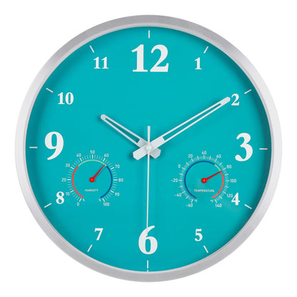 Outdoor Clock Waterproof with Thermometer and Hygrometer Combo 12 Inch Blue | Outdoor Metal Aluminum Frame Wall Decor Garden Patio Pool