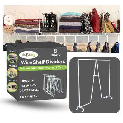 Evelots 8-Pack Wire Shelf Dividers, Clip-On Closet Organizers, Tall Steel | Four tall coated-steel dividers clip onto wire shelves without tools to organize closets, offices, pantries and garages.