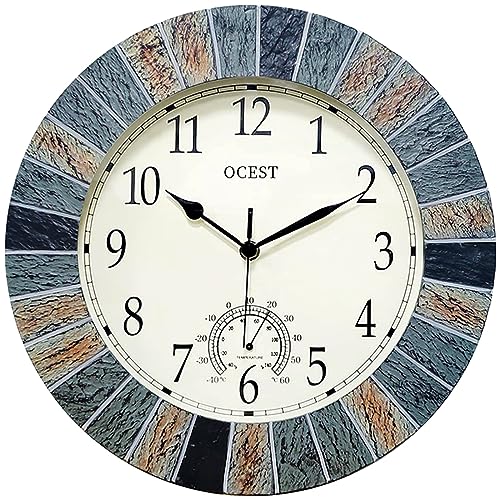 13 Inch Waterproof Indoor Outdoor Wall Clock with Thermometer, Brown | Silent non-ticking battery movement, brown easy-read dial for patio, pool, lanai, fence, porch, and garden