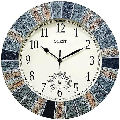 13 Inch Waterproof Indoor Outdoor Wall Clock with Thermometer, Brown | Silent non-ticking battery movement, brown easy-read dial for patio, pool, lanai, fence, porch, and garden
