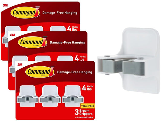 Command Broom Grippers, 3 Hangers and 6 Strips, Damage-Free Mop and Broom Holder Wall Mount, Household Cleaning Tool Organizer for Kitchen, Laundry Room, Closet, Holds up to 4 lb (Pack of 3)
