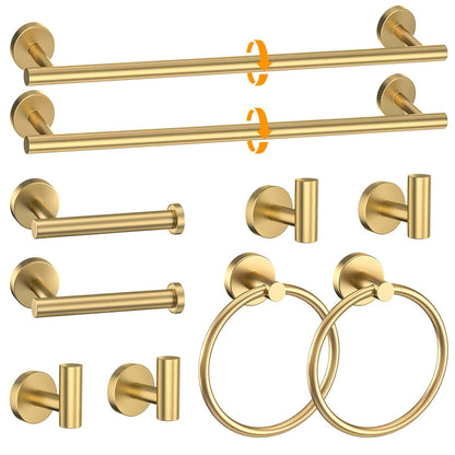 Brushed Gold Towel Bar Set 10 Pieces Round Bathroom Hardware Set Includes 23.6in Towel Bar Towel Ring Toilet Paper Holder Towel Hooks Stainless Steel Wall-Mounted Bathroom Towel Holder Set
