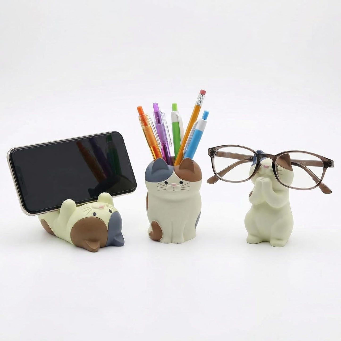 3 PS Cat Shaped Phone Holder and Eyeglass Frame with Pen Holder, Animal Resin Gift for cat Enthusiasts, Home and Office Fashion Accessories-White