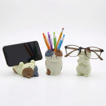 3 PS Cat Shaped Phone Holder and Eyeglass Frame with Pen Holder, Animal Resin Gift for cat Enthusiasts, Home and Office Fashion Accessories-White