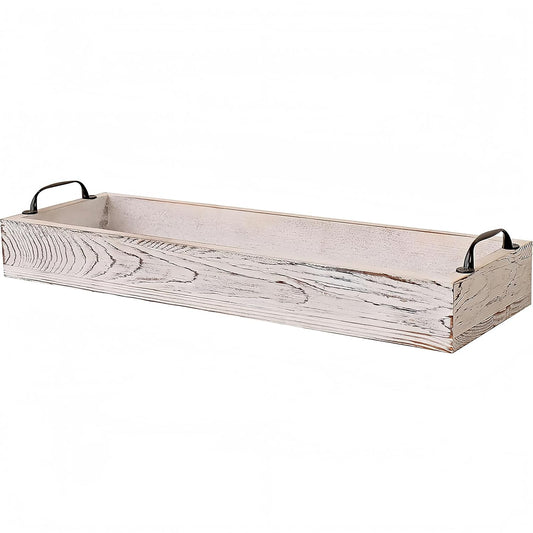 Rustic Wooden Serving Trays Rectangular with Handle,Ottoman Tray for Living Room 16 Inch Long for Serving Wine(whitewashed)