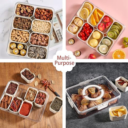 Divided Serving Tray with Lid and Handle - Snackle Box Charcuterie Container for Portable Snack Platters - Clear Organizer for Candy, Fruits, Nuts, Snacks - Perfect for Party, Entertaining