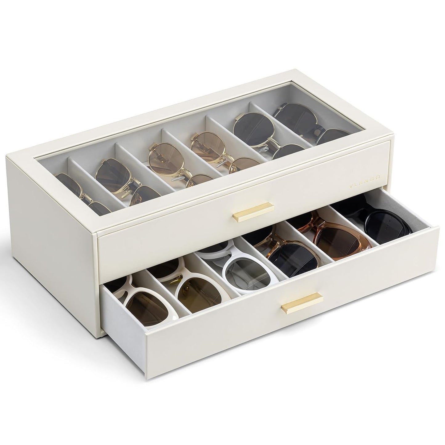VLANDO 12-Slot Sunglasses Organizer Case with Clear Lid & 2 Drawers,Beige | PU Leather,Velvet Lining,Large Capacity Eyeglass Organizer for Vanity,Dresser,Closet,Bedroom,Gift for Eyewear Lovers