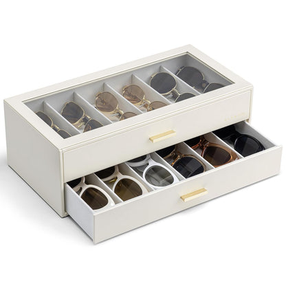 VLANDO 12-Slot Sunglasses Organizer Case with Clear Lid & 2 Drawers,Beige | PU Leather,Velvet Lining,Large Capacity Eyeglass Organizer for Vanity,Dresser,Closet,Bedroom,Gift for Eyewear Lovers