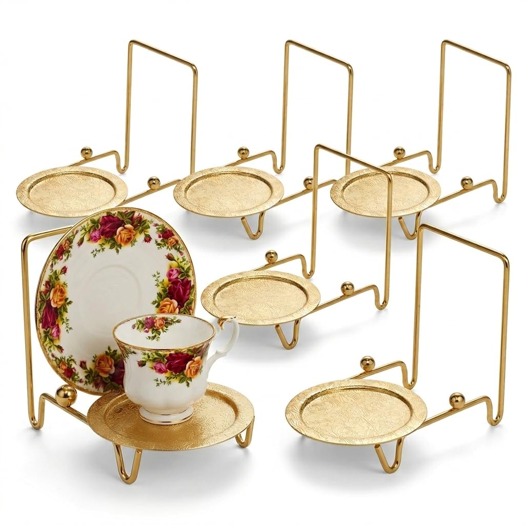 HOHIYA Gold Tea Cup and Saucer Display Stand 6 Cup Holder Rack | Elegant gold tabletop stand displays china cups, saucers, mugs and plates for tea parties, kitchens and coffee bars.