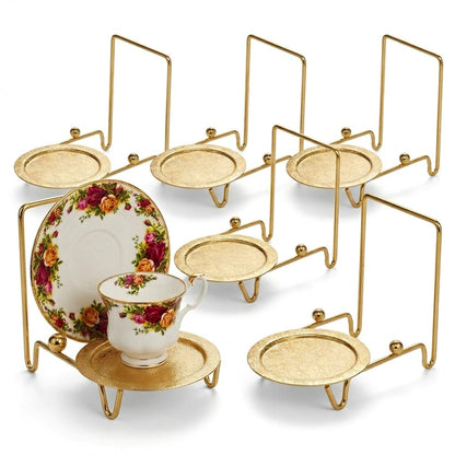 HOHIYA Gold Tea Cup and Saucer Display Stand 6 Cup Holder Rack | Elegant gold tabletop stand displays china cups, saucers, mugs and plates for tea parties, kitchens and coffee bars.