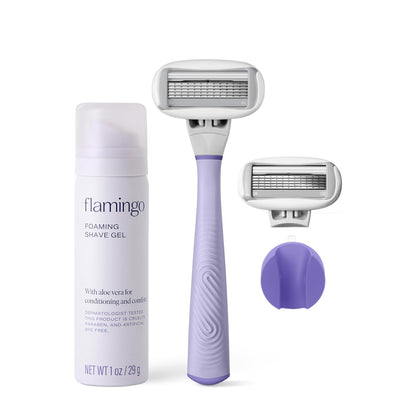 Flamingo Shaving Razor Set for Women - Original Razor Handle, 2 Blade Refills, Foaming Shaving Gel, and Shower Holder - Lilac