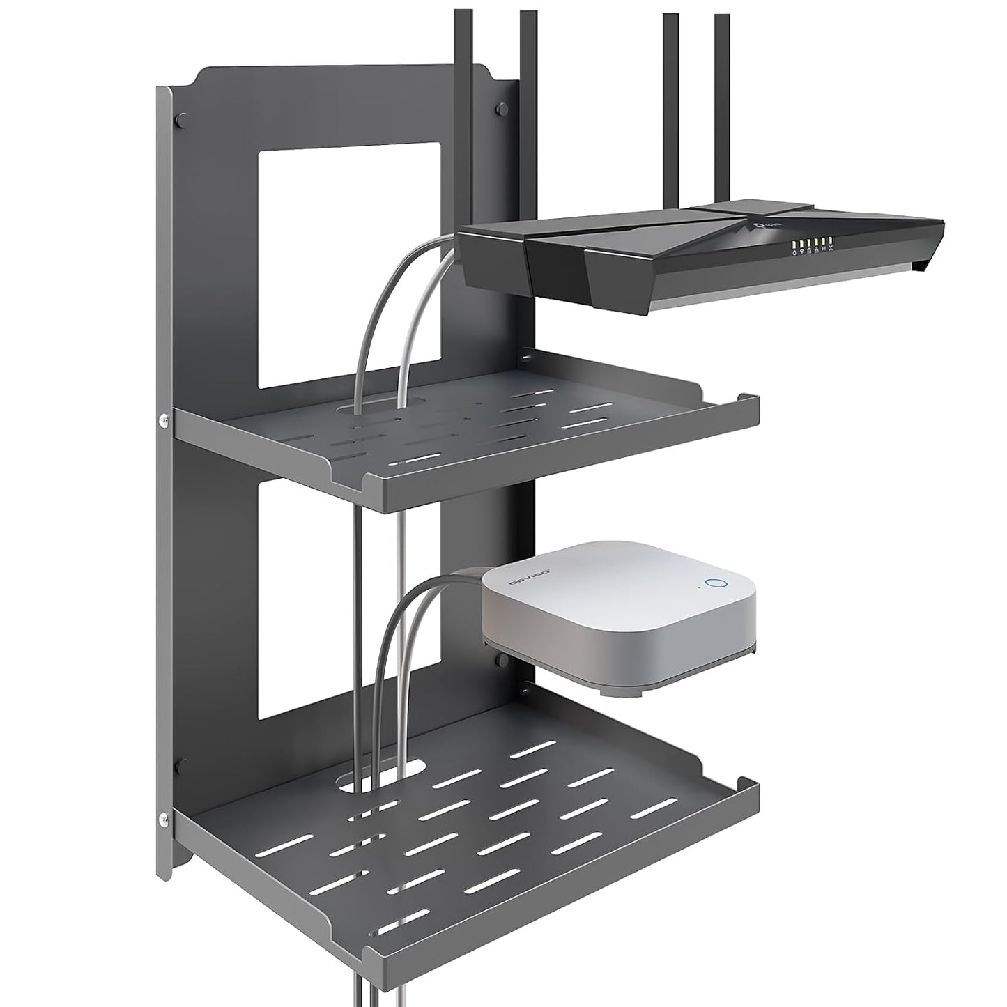 2-Tier Router Shelf Wall Mount Foldable - 10 inch Metal Outlet Shelf w/Cable Holes | Dual-Layer Organize & Connect for Router and Modem & Smart Home Decor | Folds Up & Stackable (Medium)