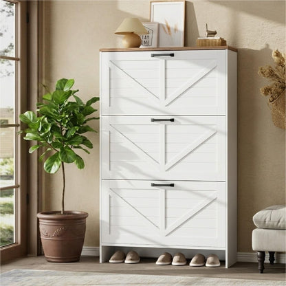 Shoe Cabinet, 3 Flip Drawers & Adjustable Shelves, Ultra Slim Freestanding (9.1” Deep), Holds 30 Pairs, Narrow Shoe Storage Cabinet with Anti-Tip Safety, Modern Farmhouse White Walnut