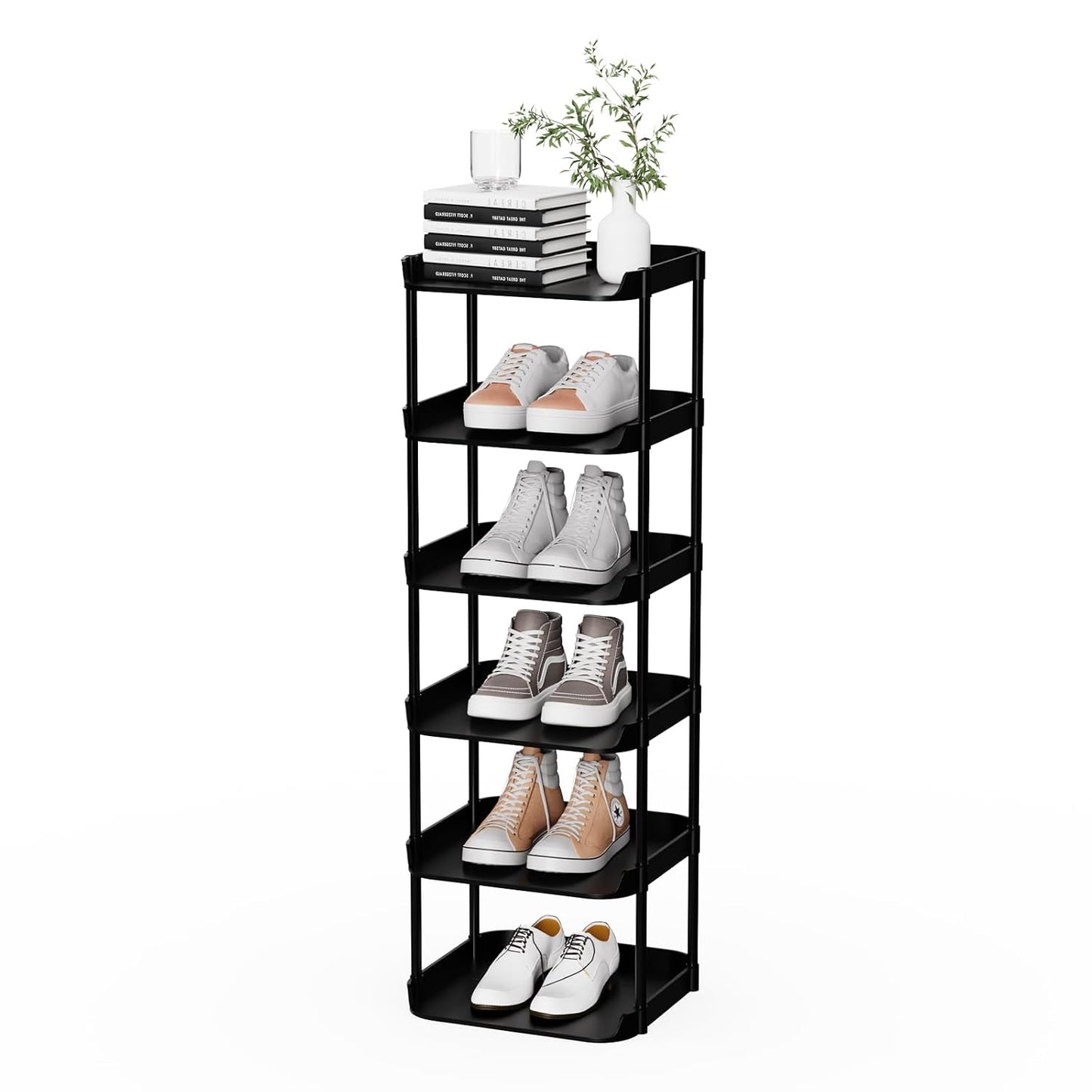 6 Tier Vertical Narrow Shoe Rack, Stackable Tall Skinny Shoerack, Compact Single Shoes Storage Tower for Slim Space, Corner Plastic Shelves, for Hallways, Entryway, Bedrooms Organizer, Black
